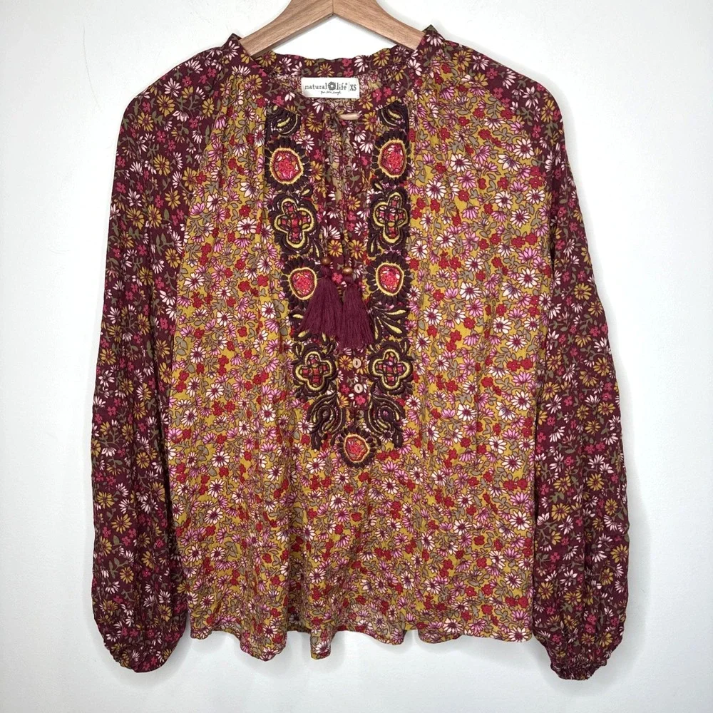 Natural Life Peasant Boho Floral Tassel Blouse Top Womens XS Embroidered Prairie - Picture 2 of 8